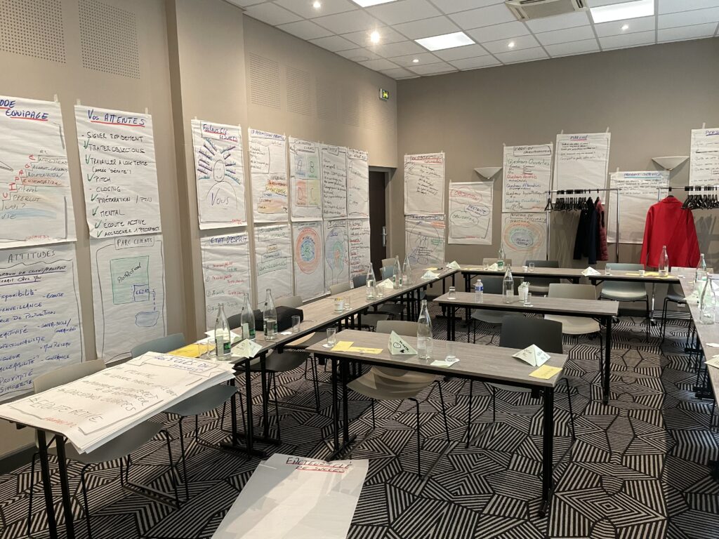 Salle de formation Equipage tapissée de paperboards dessinés pendant la session